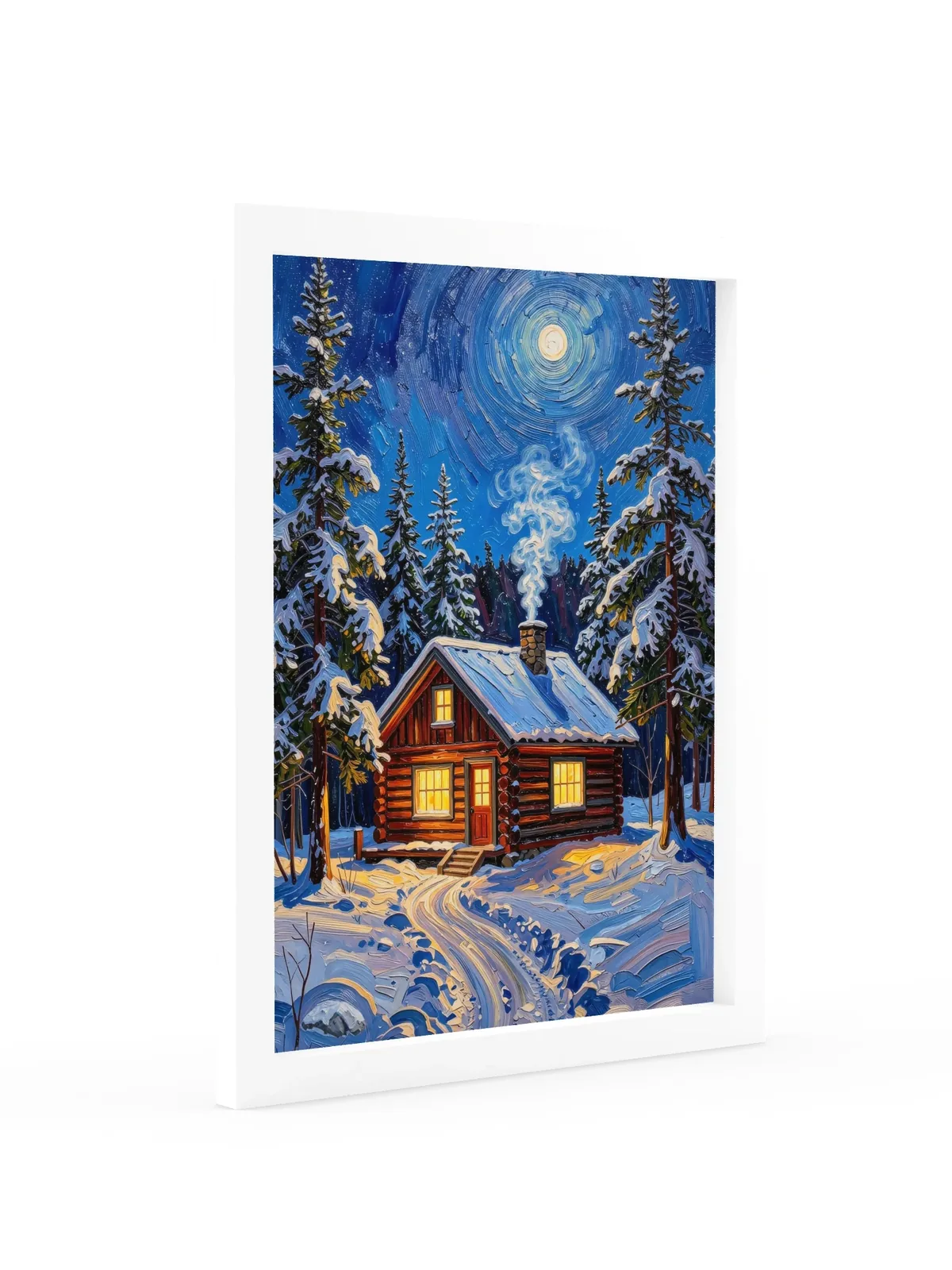 Winter Camp at Night as a 12 by 16 inch framed print in a white frame: a log cabin in deep snow at night, its windows glowing under tall spruce and a bright moon, in bold oil-painting brushstrokes.