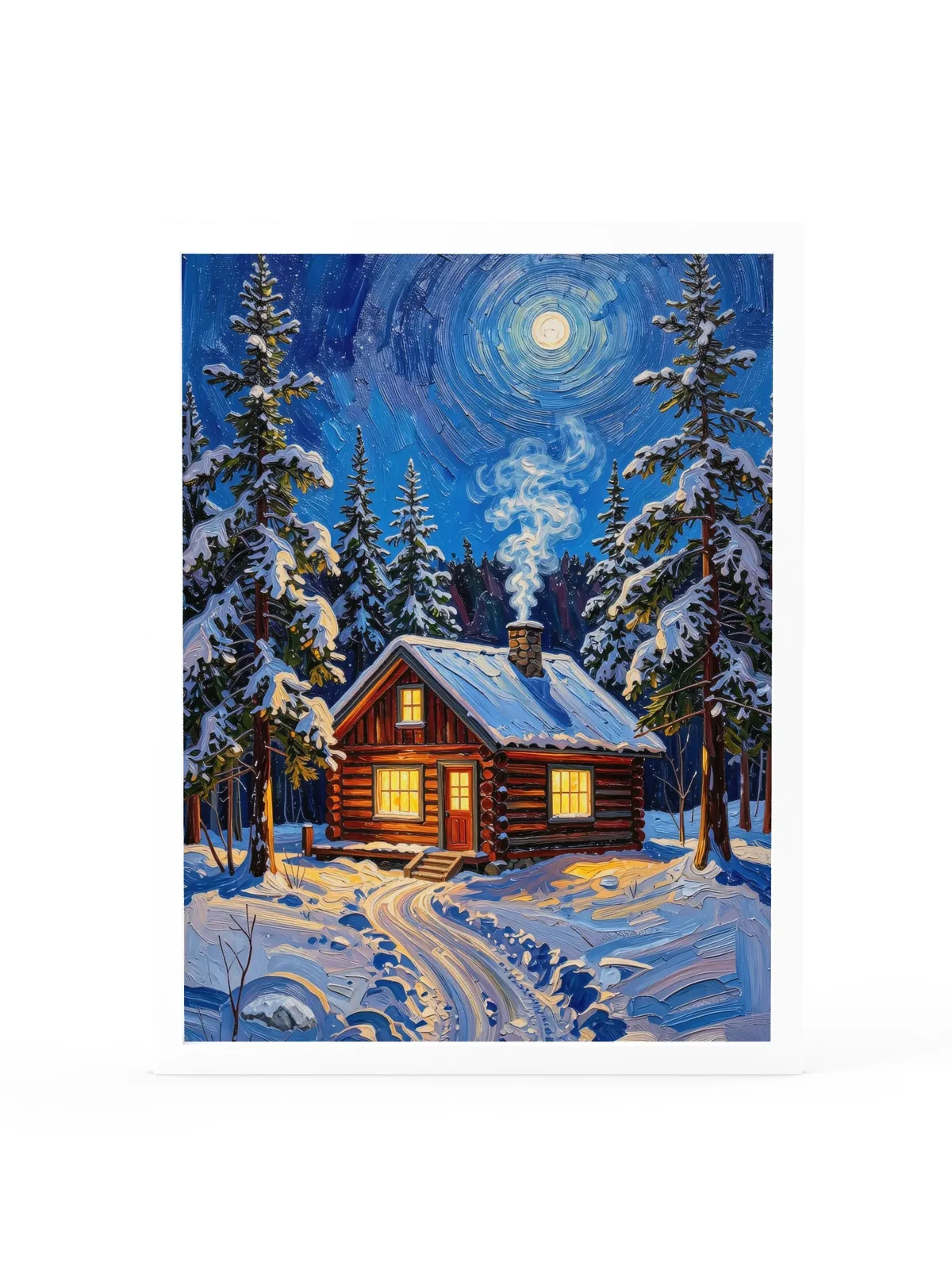 Winter Camp at Night as an 18 by 24 inch framed print in a white frame: a log cabin in deep snow at night, its windows glowing under tall spruce and a bright moon, in bold oil-painting brushstrokes.
