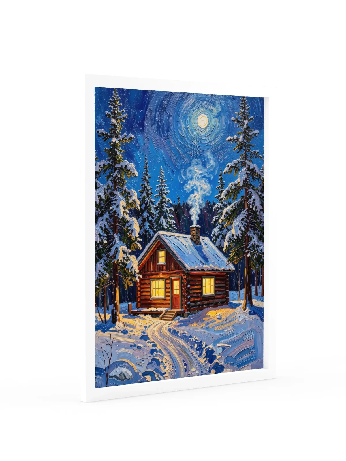 Winter Camp at Night as an 18 by 24 inch framed print in a white frame: a log cabin in deep snow at night, its windows glowing under tall spruce and a bright moon, in bold oil-painting brushstrokes.