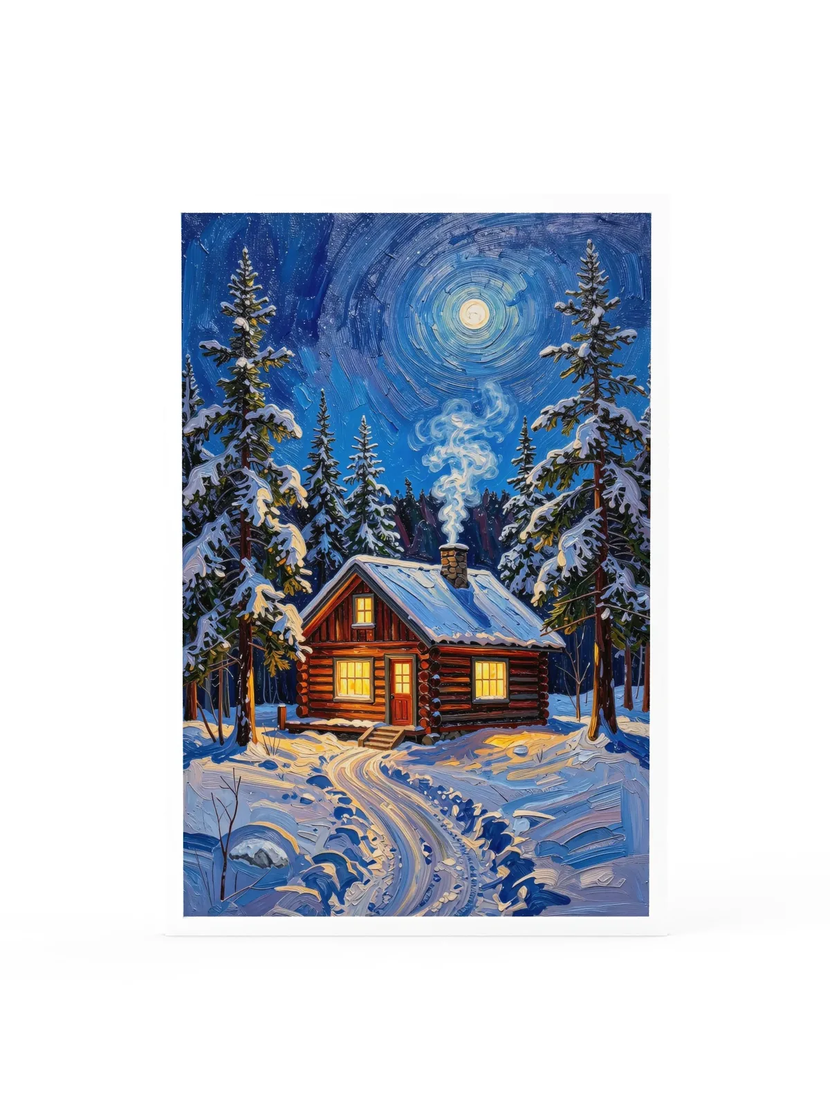 Winter Camp at Night as a 24 by 36 inch framed print in a white frame: a log cabin in deep snow at night, its windows glowing under tall spruce and a bright moon, in bold oil-painting brushstrokes.