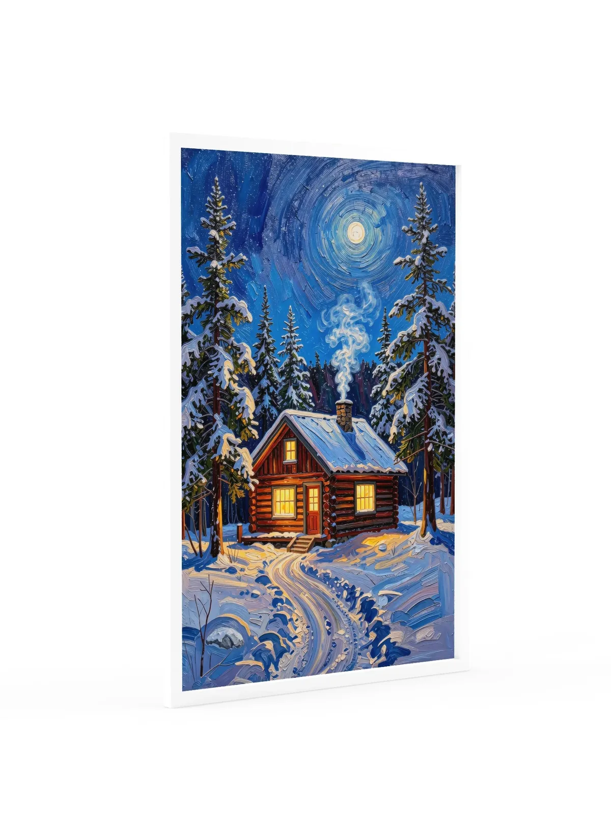 Winter Camp at Night as a 24 by 36 inch framed print in a white frame: a log cabin in deep snow at night, its windows glowing under tall spruce and a bright moon, in bold oil-painting brushstrokes.